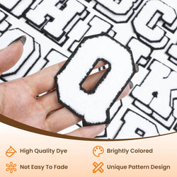 A close-up of a white chenille letter patch 'W' with a white border, held by hand. Text in the image highlights features: 'High Quality Dye', 'Brightly Colored', 'Not Easy To Fade', and 'Unique Pattern Design'.