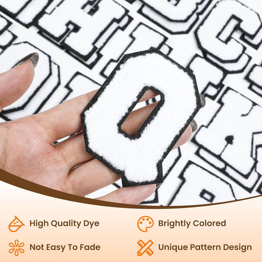 A close-up of a white chenille letter patch 'W' with a white border, held by hand. Text in the image highlights features: 'High Quality Dye', 'Brightly Colored', 'Not Easy To Fade', and 'Unique Pattern Design'.