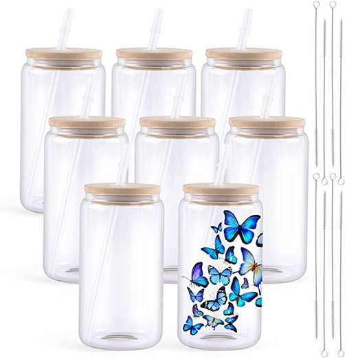 Sublimation Clear Glass Blanks with Bamboo Lid - 16oz 8 Pack