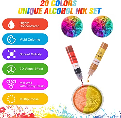  Metallic Alcohol Ink Set 20 Metal Colors Metallic Alcohol Ink  for Epoxy Resin, Concentrated Alcohol Ink Metallic Color for Resin Petri  Dish, Tumbler Making (10ml Each) : Arts, Crafts & Sewing