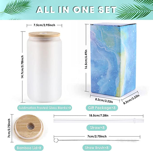 Sublimation Frosted Glass Blanks with Bamboo Lid - 16oz 4 Pack