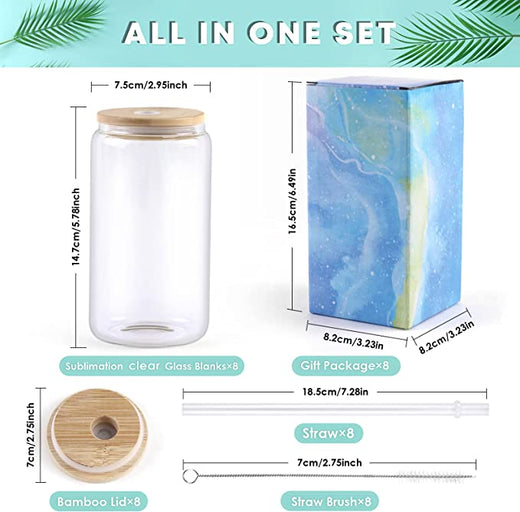 Sublimation Clear/Frosted Glass Blanks with Bamboo Lid - 16oz 4 Pack